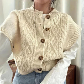 Aase - Kvinders Kraftig Strikket Vest med Knapper - Ærmeløs Cardigan Sweater