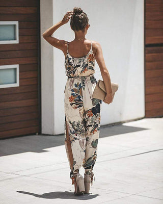 Boho Beige Jumpsuit med farverige Blomster