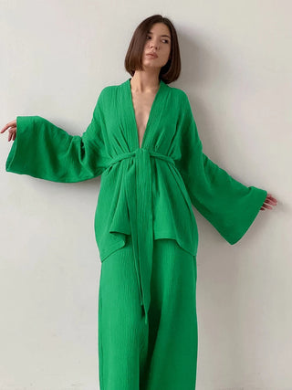 Elegant komfortabelt kimono-sæt til kvinder - Loungewear med stil