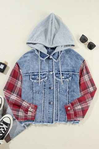 Raw Hem Drawstring Plaid Denim Jakke til Kvinder